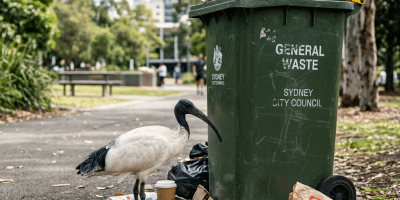 An ibis standing beside a green general waste bin with trash scattered around it in a park.