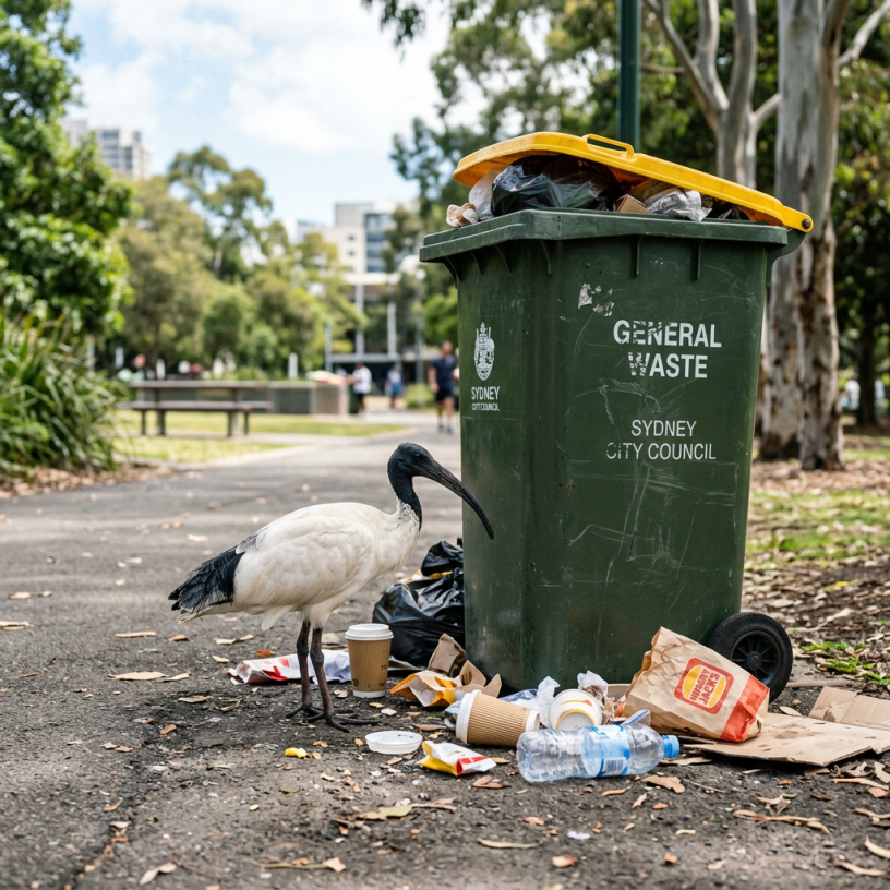 An ibis standing beside a green general waste bin with trash scattered around it in a park.