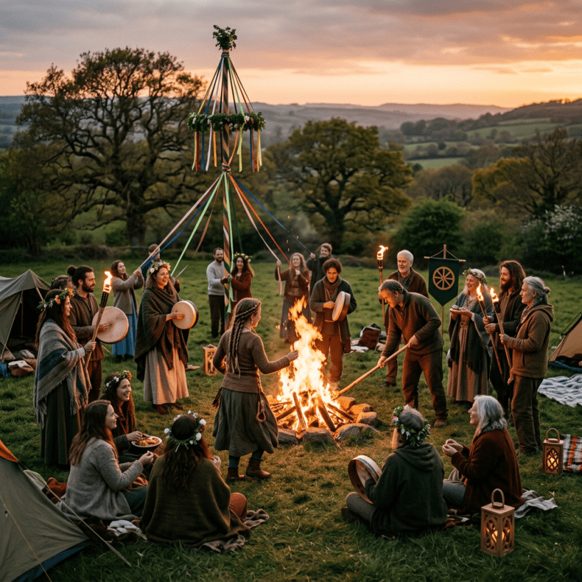 Group celebrating May Day with bonfire, maypole, drums, and flower crowns in countryside at sunset