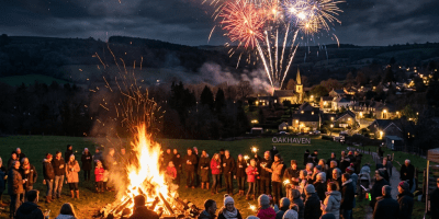 Group of people gathered around a large bonfire at night with fireworks in the sky over a village