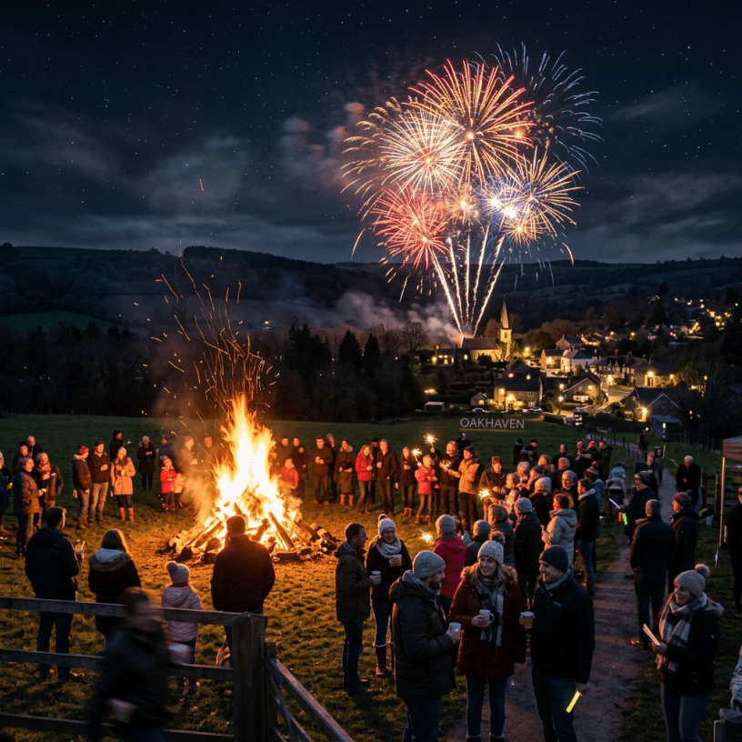 Group of people gathered around a large bonfire at night with fireworks in the sky over a village