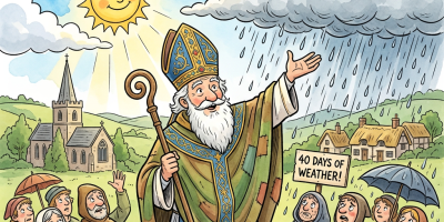 Saint Swithin predicting weather with people reacting to sunshine and rain