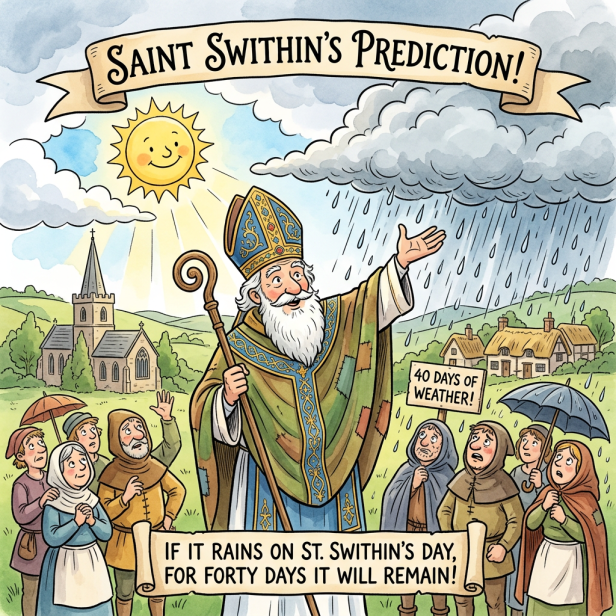 Saint Swithin predicting weather with people reacting to sunshine and rain